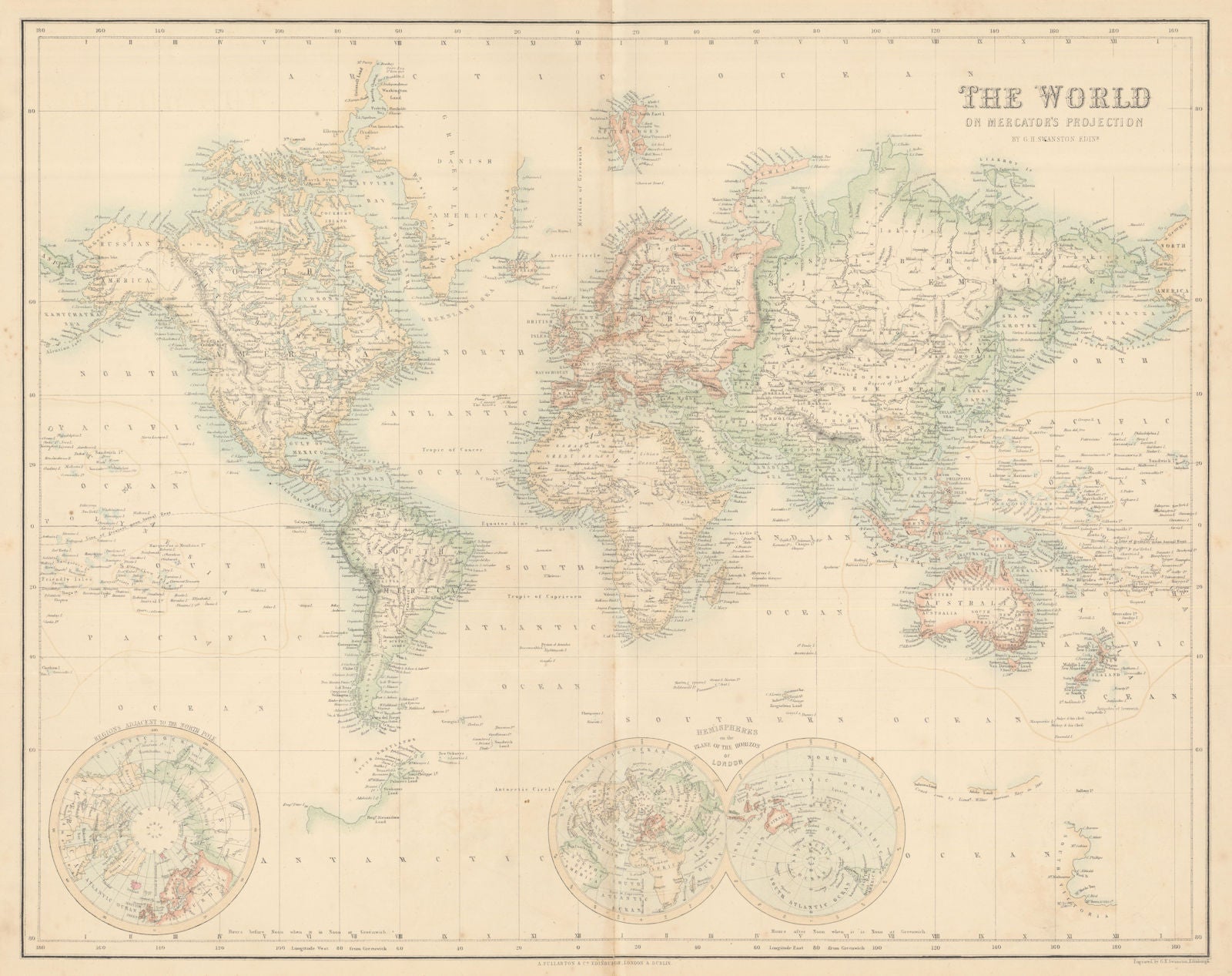 The World on Mercator's Projection. FULLARTON c1863 old antique map plan chart
